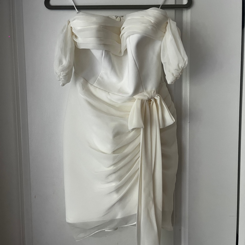 Likely Cream Sheath Mini Dress Off-Shoulder Short Sleeve